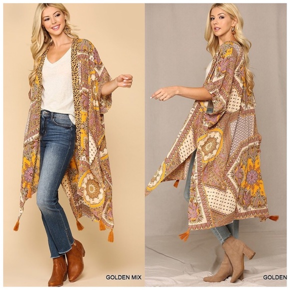 Tops - ❤️LAST! Gold Multi Animal Print Tassel Kimono!